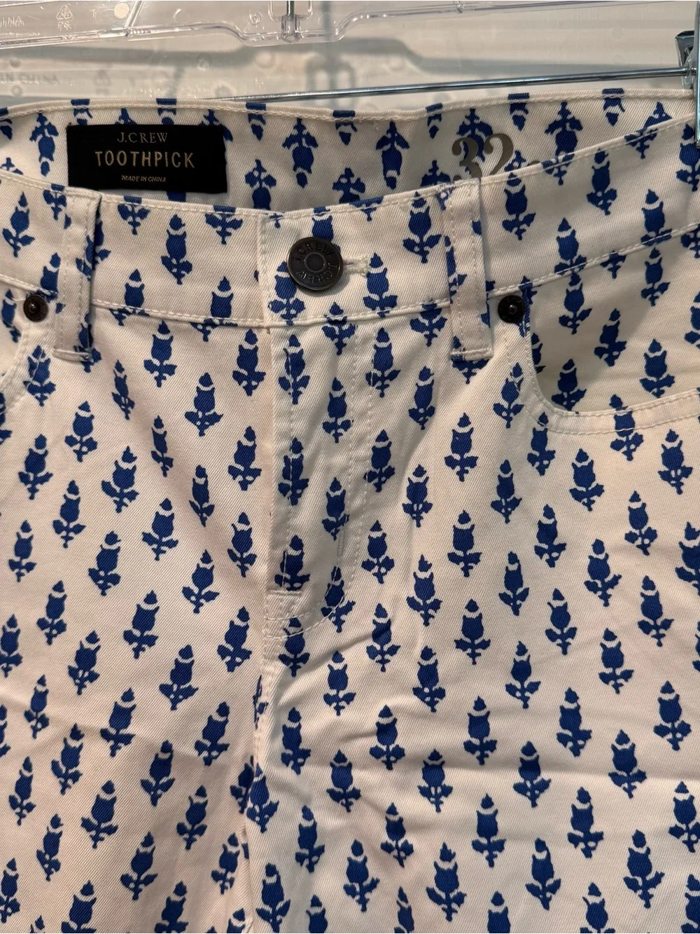 J. Crew White Ankle Toothpick Pants with Blue Floral Print